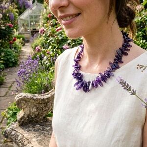 Genuine Amethyst Nugget Chip Necklace 16” Natural Purple Stone Statement